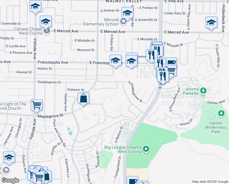 map of restaurants, bars, coffee shops, grocery stores, and more near 17080 Dubesor Street in La Puente