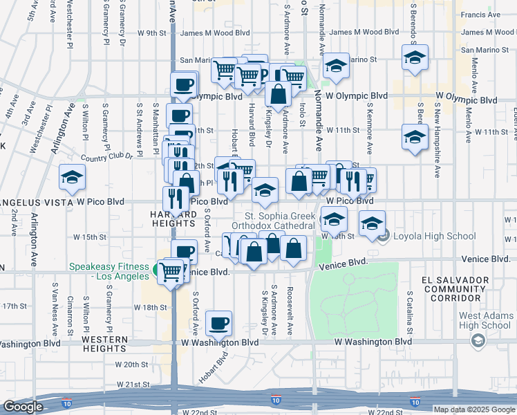 map of restaurants, bars, coffee shops, grocery stores, and more near 2920 West Pico Boulevard in Los Angeles
