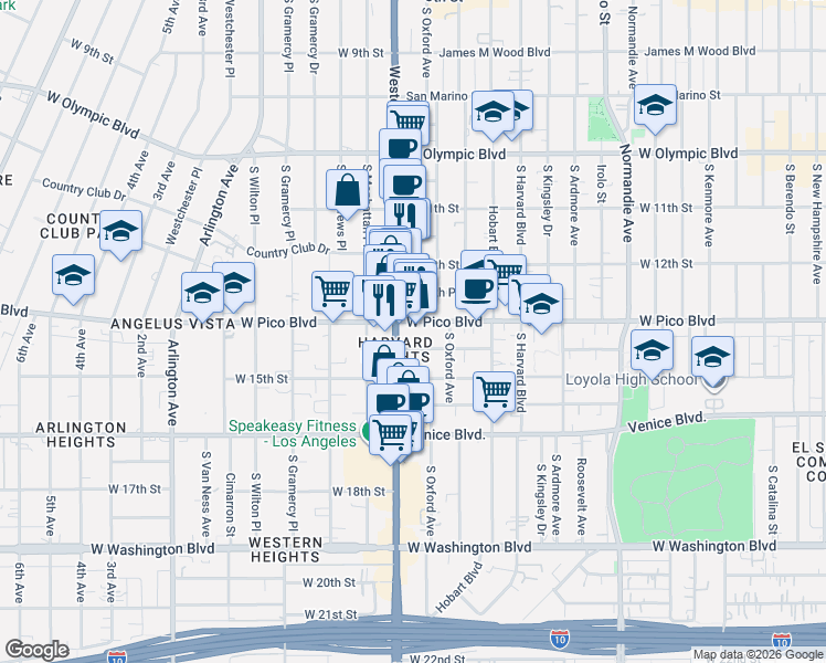 map of restaurants, bars, coffee shops, grocery stores, and more near 3072 West Pico Boulevard in Los Angeles
