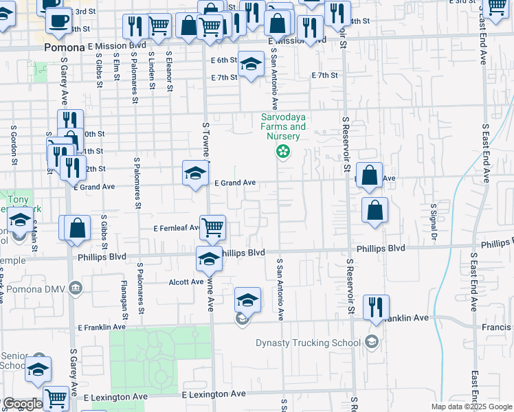 map of restaurants, bars, coffee shops, grocery stores, and more near 1338 Packard Drive in Pomona