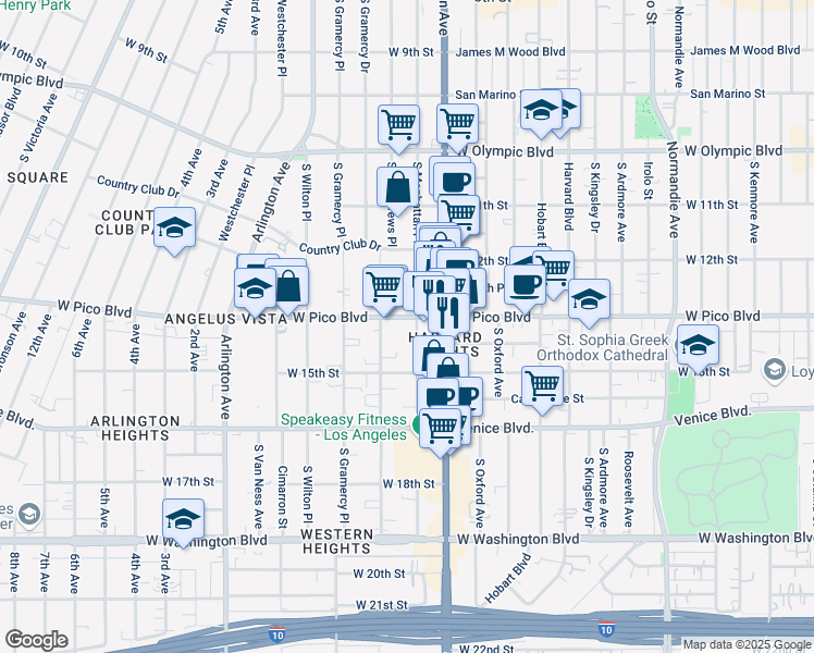 map of restaurants, bars, coffee shops, grocery stores, and more near 3164 West Pico Boulevard in Los Angeles