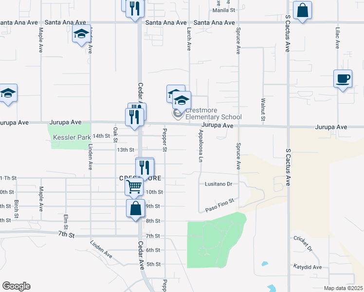 map of restaurants, bars, coffee shops, grocery stores, and more near 18864 13th Street in Bloomington