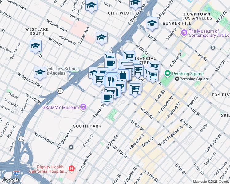 map of restaurants, bars, coffee shops, grocery stores, and more near 800 Flower Street in Los Angeles