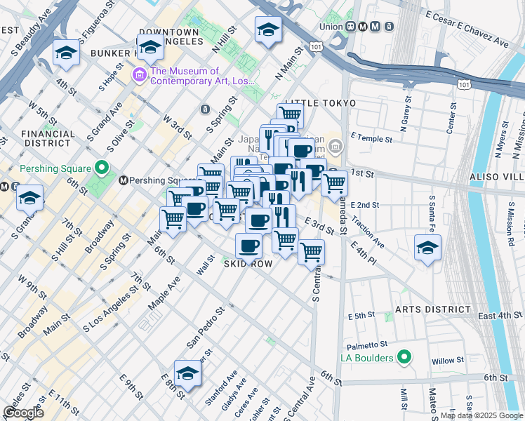 map of restaurants, bars, coffee shops, grocery stores, and more near in Los Angeles
