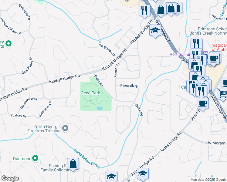 map of restaurants, bars, coffee shops, grocery stores, and more near 4070 Pineset Drive in Alpharetta