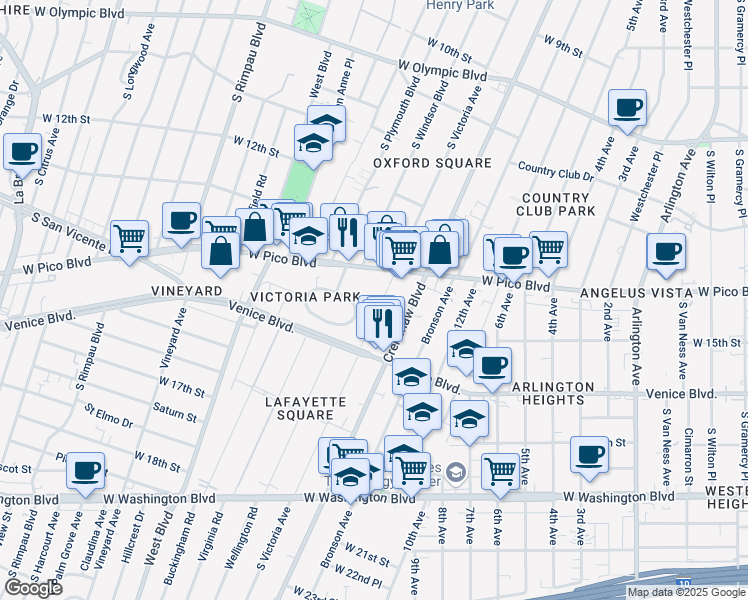 map of restaurants, bars, coffee shops, grocery stores, and more near 1409 South Victoria Avenue in Los Angeles