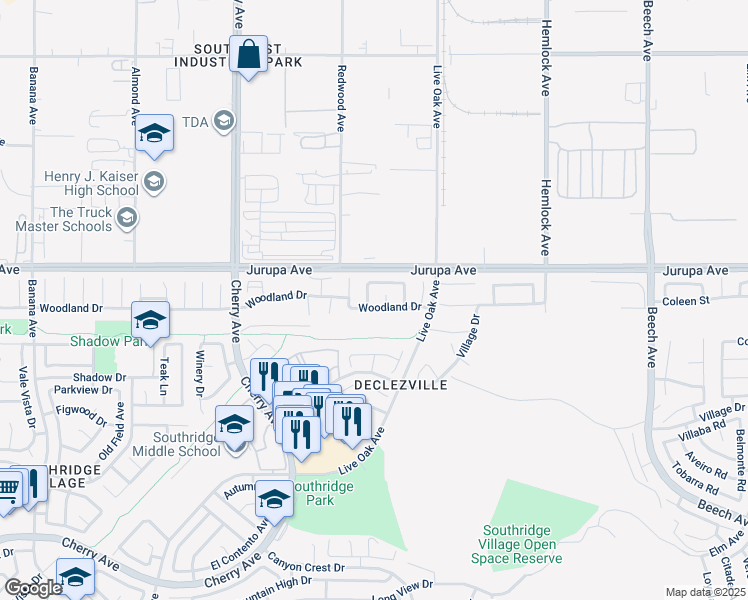 map of restaurants, bars, coffee shops, grocery stores, and more near 11321 Sherwood Court in Fontana