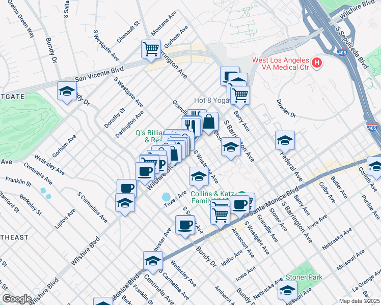 map of restaurants, bars, coffee shops, grocery stores, and more near 11925 Wilshire Boulevard in Los Angeles