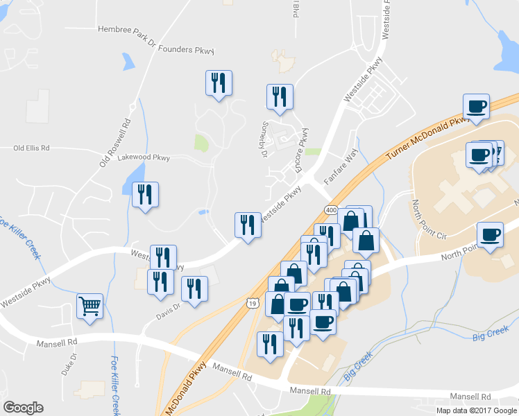 map of restaurants, bars, coffee shops, grocery stores, and more near 1050 Westside Parkway in Alpharetta