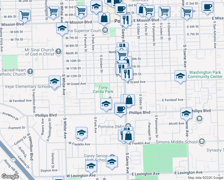 map of restaurants, bars, coffee shops, grocery stores, and more near 1344 South Main Street in Pomona