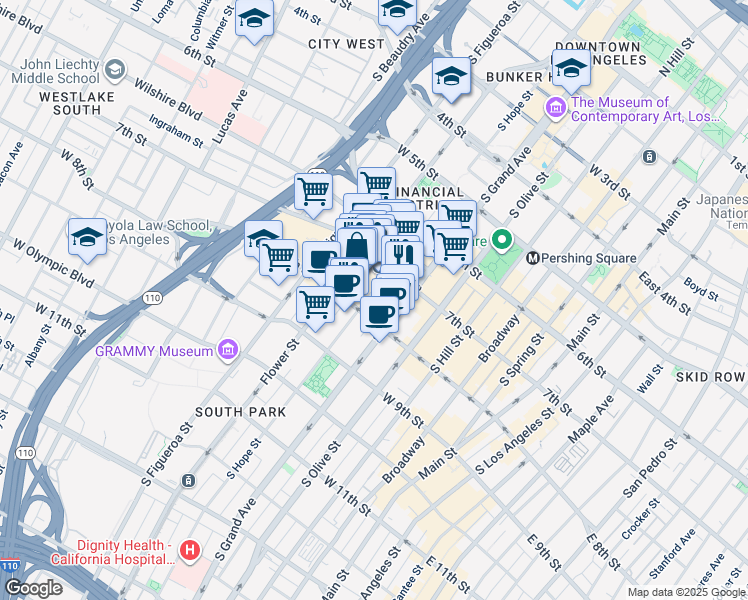map of restaurants, bars, coffee shops, grocery stores, and more near 732s South Hope Street in Los Angeles