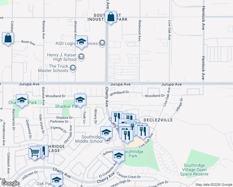 map of restaurants, bars, coffee shops, grocery stores, and more near 14515 Woodland Drive in Fontana