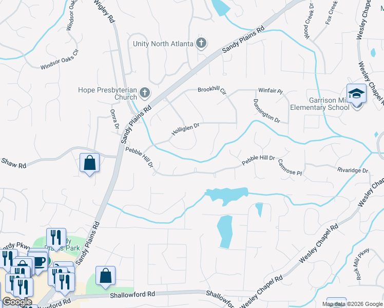 map of restaurants, bars, coffee shops, grocery stores, and more near 3434 Brandon Hall Way in Marietta