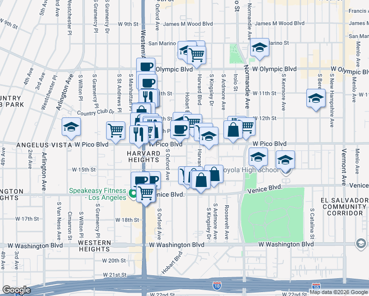 map of restaurants, bars, coffee shops, grocery stores, and more near 2972 West Pico Boulevard in Los Angeles