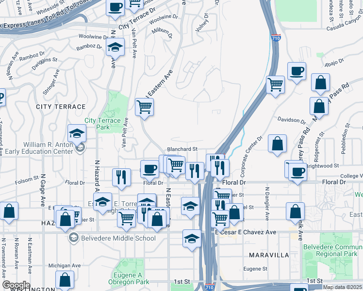 map of restaurants, bars, coffee shops, grocery stores, and more near 4335 Blanchard Street in East Los Angeles