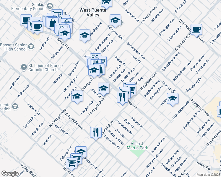 map of restaurants, bars, coffee shops, grocery stores, and more near 14404 Amar Road in La Puente