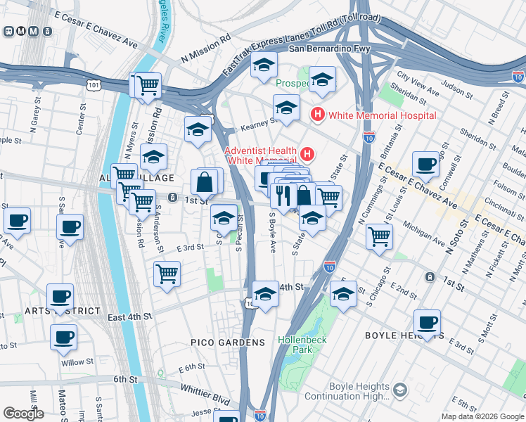map of restaurants, bars, coffee shops, grocery stores, and more near 117 South Boyle Avenue in Los Angeles