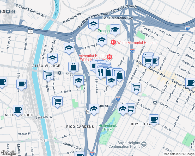 map of restaurants, bars, coffee shops, grocery stores, and more near 110 South Boyle Avenue in Los Angeles