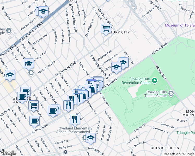 map of restaurants, bars, coffee shops, grocery stores, and more near 10450 Ilona Avenue in Los Angeles