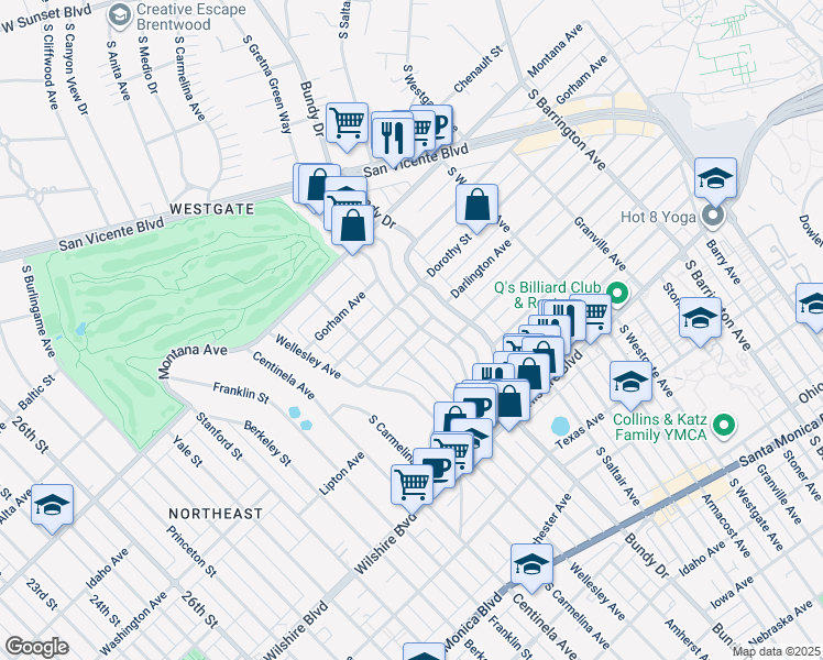 map of restaurants, bars, coffee shops, grocery stores, and more near 929 South Gretna Green Way in Los Angeles