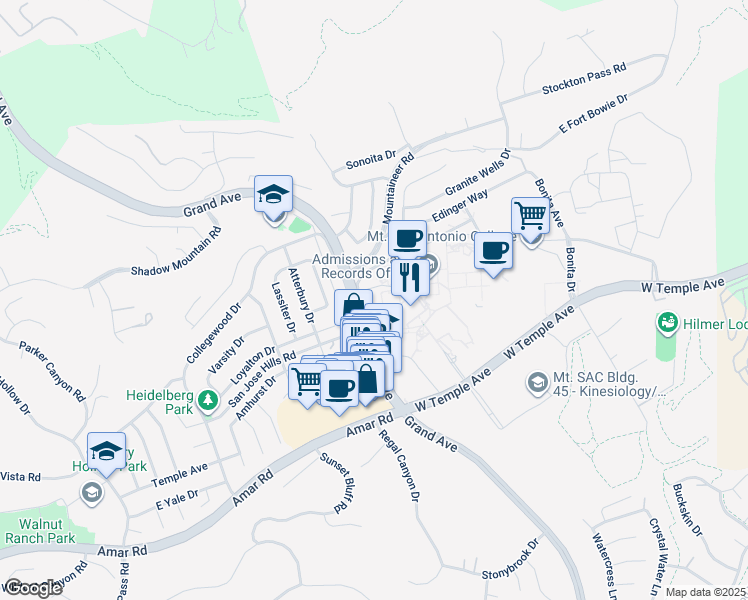map of restaurants, bars, coffee shops, grocery stores, and more near 1100 North Grand Avenue in Walnut