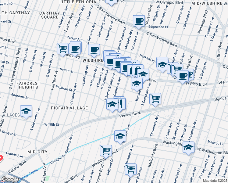 map of restaurants, bars, coffee shops, grocery stores, and more near 1519 Carmona Avenue in Los Angeles