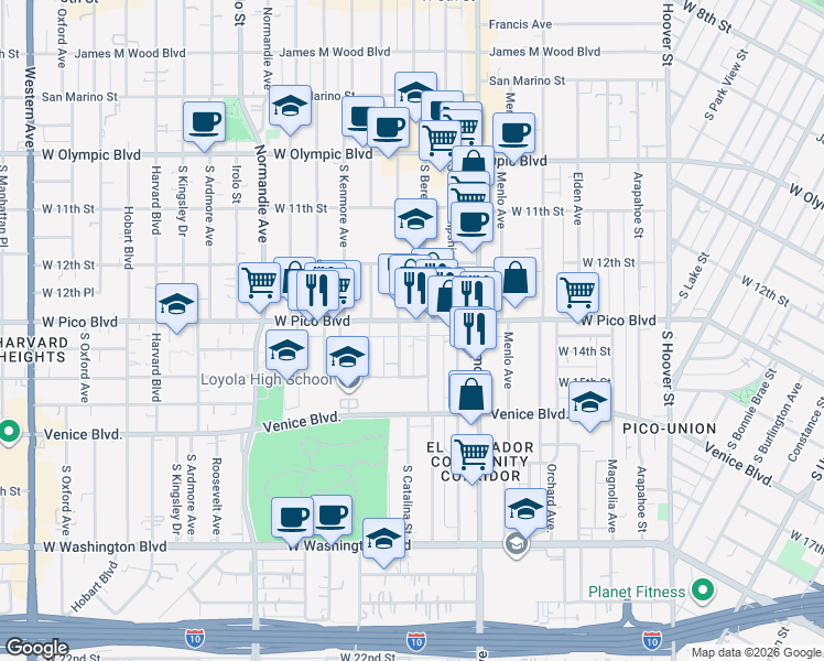 map of restaurants, bars, coffee shops, grocery stores, and more near 2596 West Pico Boulevard in Los Angeles