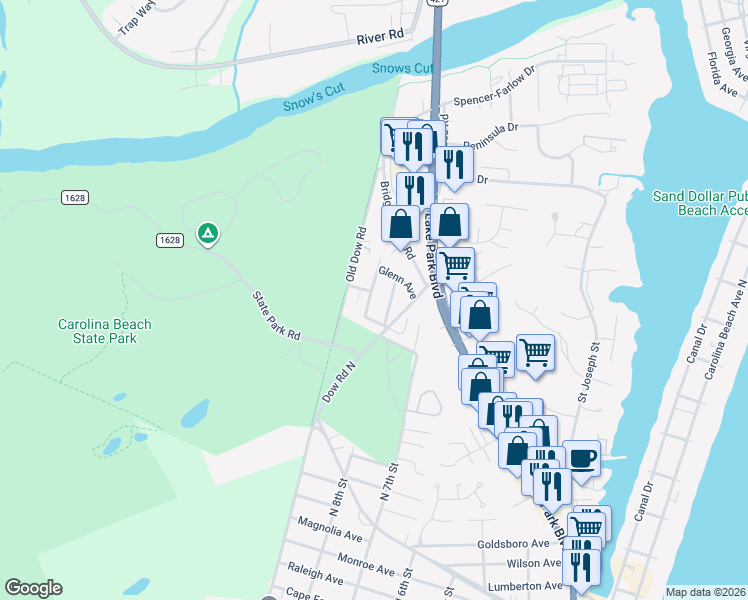 map of restaurants, bars, coffee shops, grocery stores, and more near 810 Blanche Avenue in Carolina Beach