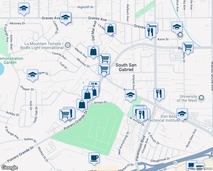 map of restaurants, bars, coffee shops, grocery stores, and more near 1400 Titan Court in Rosemead