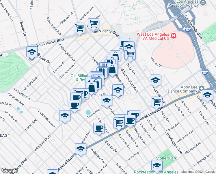 map of restaurants, bars, coffee shops, grocery stores, and more near 1222 South Westgate Avenue in Los Angeles