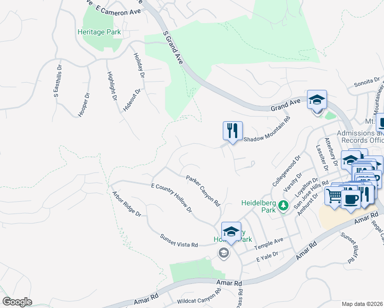 map of restaurants, bars, coffee shops, grocery stores, and more near 1652 Canyon Vista Road in Walnut