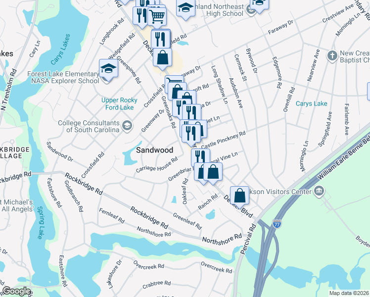 map of restaurants, bars, coffee shops, grocery stores, and more near 1902 Greenoaks Road in Columbia