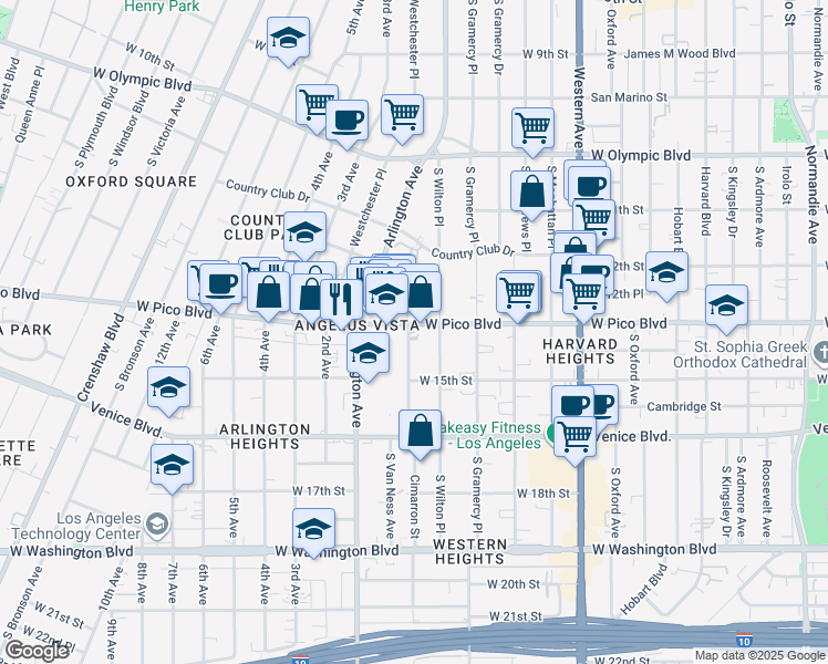 map of restaurants, bars, coffee shops, grocery stores, and more near 1304 South Van Ness Avenue in Los Angeles