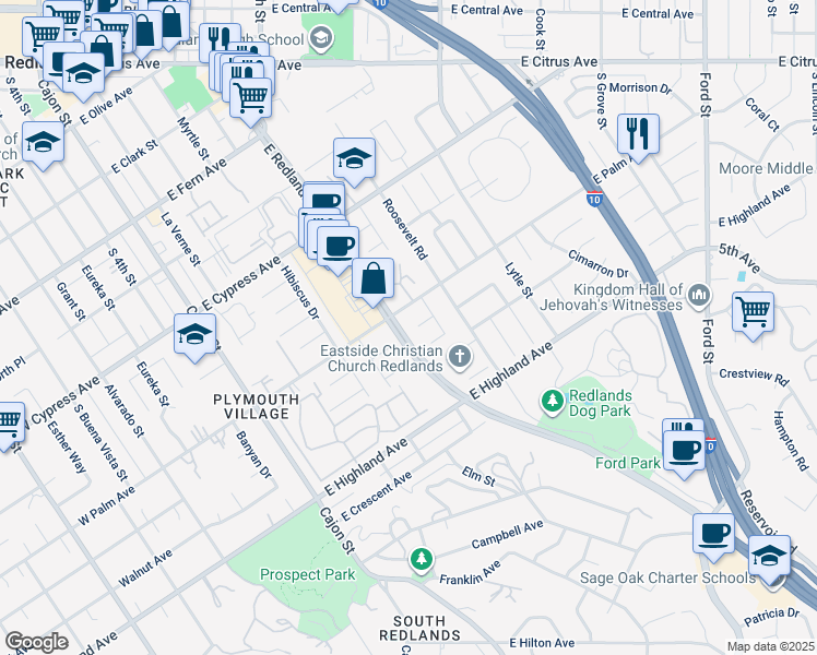 map of restaurants, bars, coffee shops, grocery stores, and more near 812 Orchard Drive in Redlands