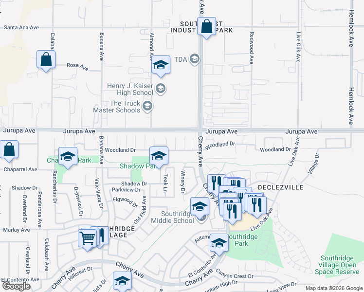 map of restaurants, bars, coffee shops, grocery stores, and more near 11366 Winery Drive in Fontana
