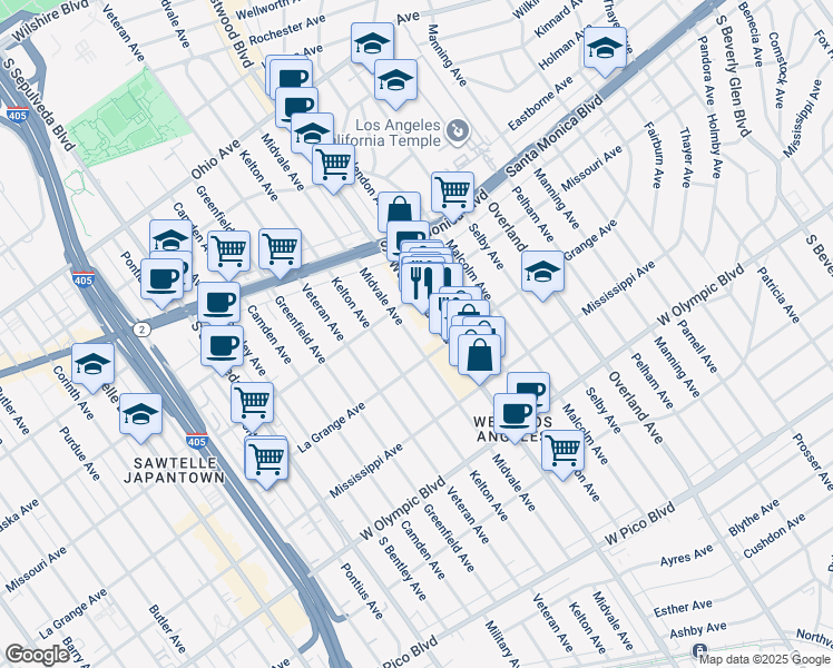 map of restaurants, bars, coffee shops, grocery stores, and more near 1930 Midvale Avenue in Los Angeles