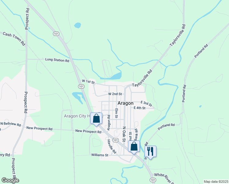 map of restaurants, bars, coffee shops, grocery stores, and more near 11 West 2nd Street in Aragon