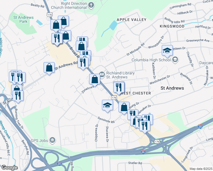 map of restaurants, bars, coffee shops, grocery stores, and more near 1302 Farrington Way in Columbia
