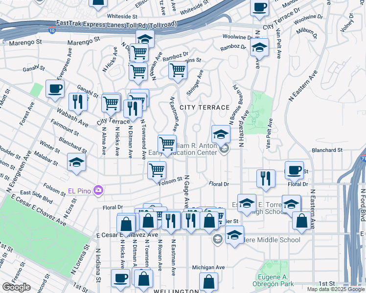map of restaurants, bars, coffee shops, grocery stores, and more near 931 North Gage Avenue in Los Angeles
