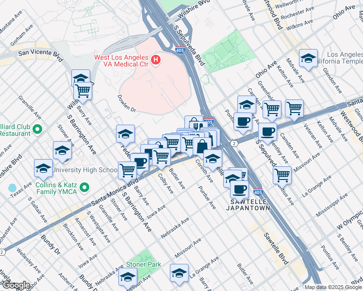 map of restaurants, bars, coffee shops, grocery stores, and more near 1527 Corinth Avenue in Los Angeles