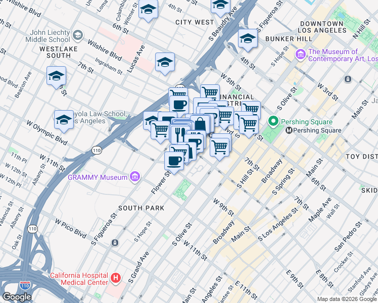 map of restaurants, bars, coffee shops, grocery stores, and more near 800 Flower Street in Los Angeles
