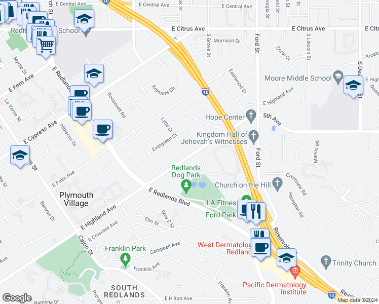 map of restaurants, bars, coffee shops, grocery stores, and more near 1073 Lytle Street in Redlands