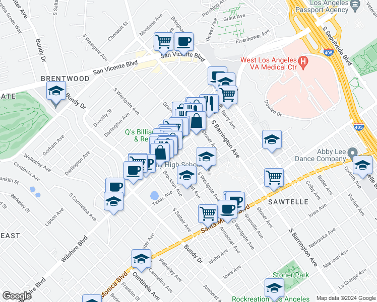 map of restaurants, bars, coffee shops, grocery stores, and more near 1222 South Westgate Avenue in Los Angeles