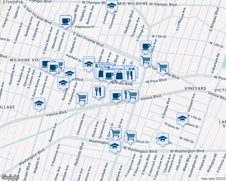 map of restaurants, bars, coffee shops, grocery stores, and more near 1433 South Sycamore Avenue in Los Angeles