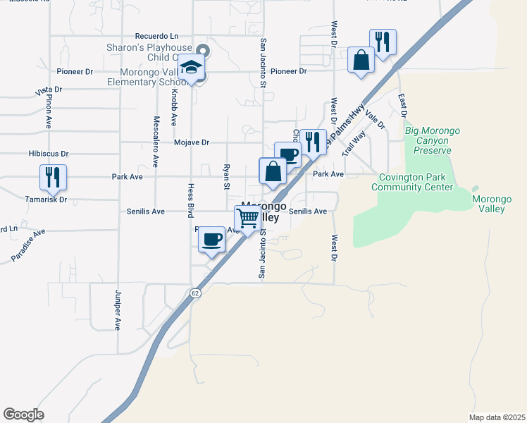 map of restaurants, bars, coffee shops, grocery stores, and more near 9892 Fobes Road in Morongo Valley