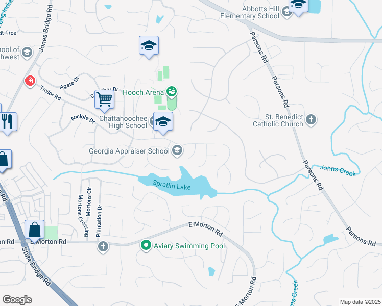 map of restaurants, bars, coffee shops, grocery stores, and more near 325 Baccarat Court in Alpharetta