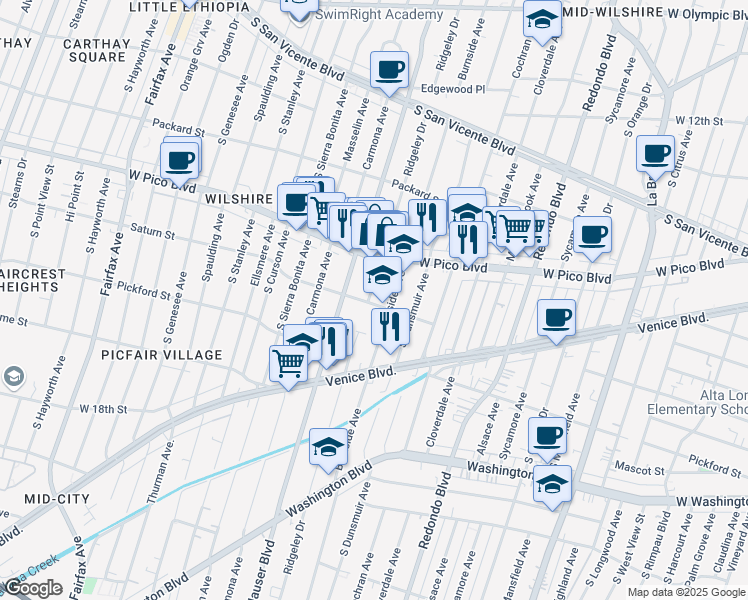 map of restaurants, bars, coffee shops, grocery stores, and more near 1452 South Ridgeley Drive in Los Angeles