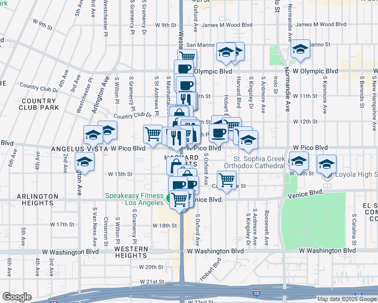 map of restaurants, bars, coffee shops, grocery stores, and more near 3060 West Pico Boulevard in Los Angeles