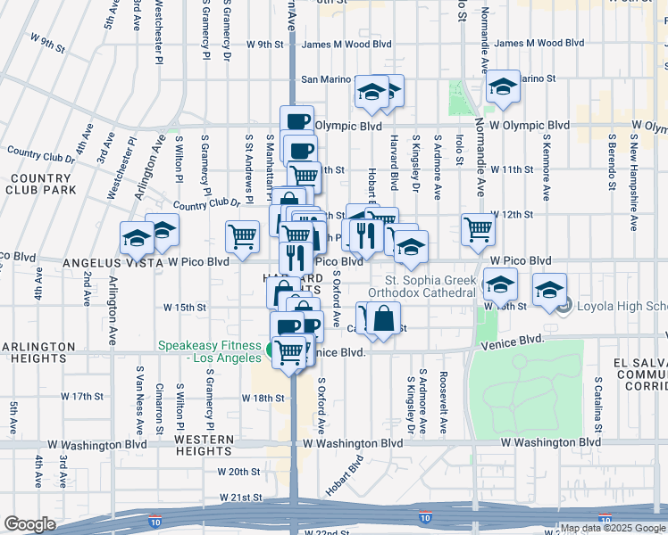 map of restaurants, bars, coffee shops, grocery stores, and more near 3030 West Pico Boulevard in Los Angeles