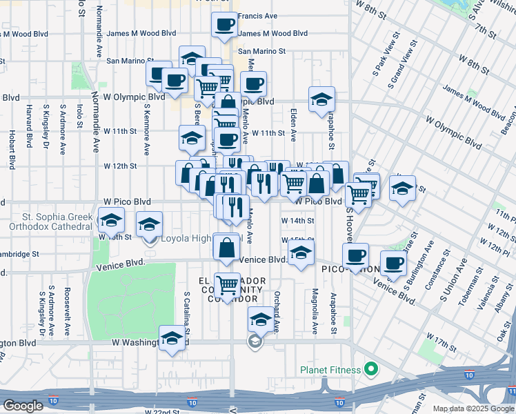 map of restaurants, bars, coffee shops, grocery stores, and more near 2428 West Pico Boulevard in Los Angeles